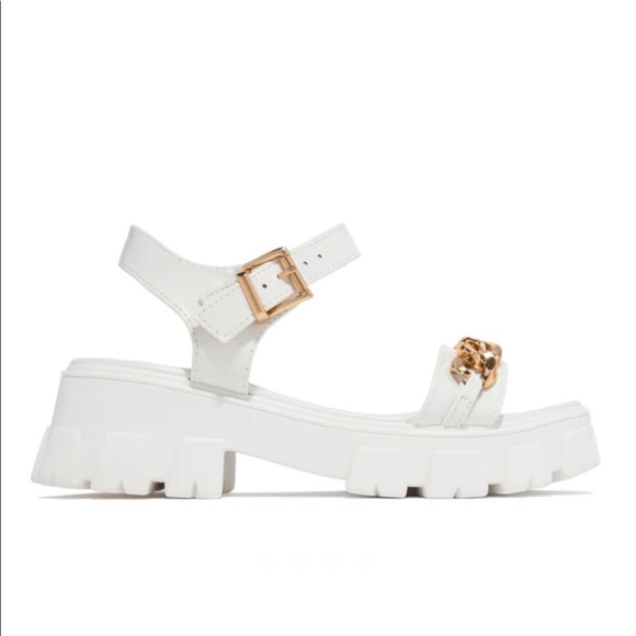 White Chunky Platform Gold Chain Band Sandals - Picture 4 of 7